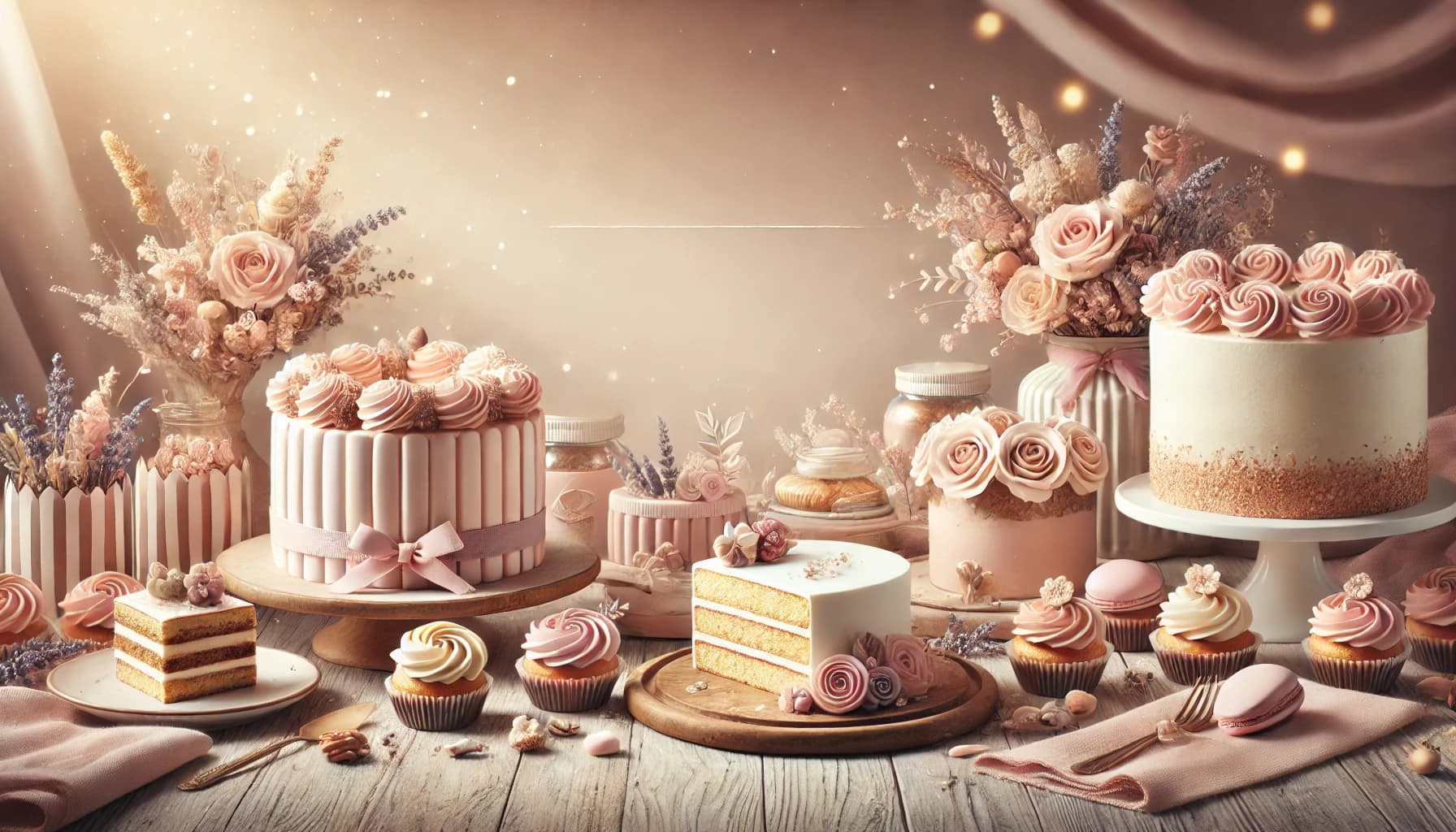cakes on a table, light rose pastel colors